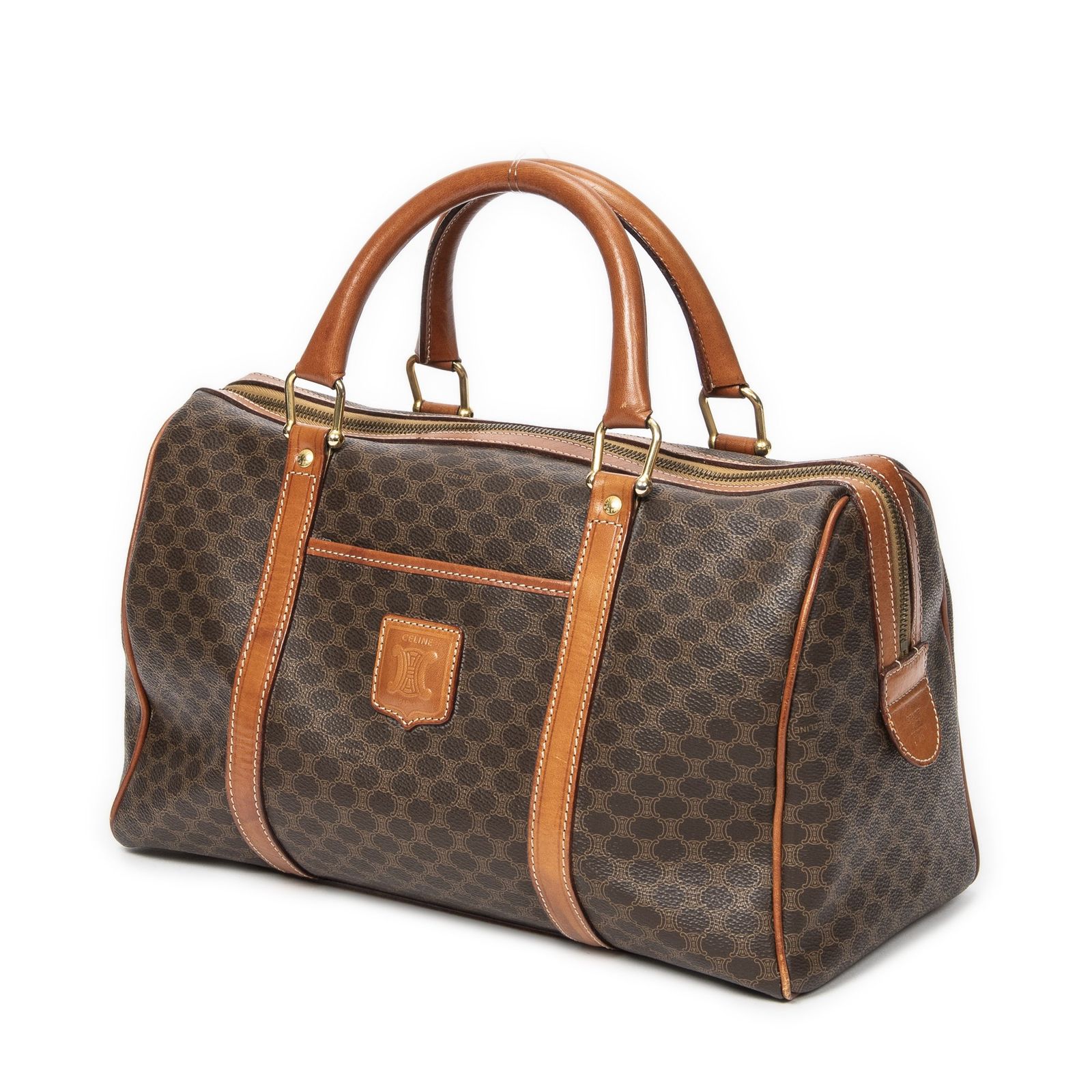 CELINE セリーヌヴィンテージ ミディアム ボストン茶色マカダムPVCキャンバスAB