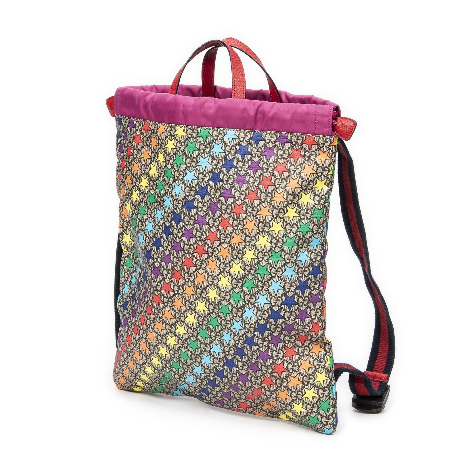 GUCCI グッチドローストリング バックパックベージュ レッドプリントスプリームPVCキャンバスA