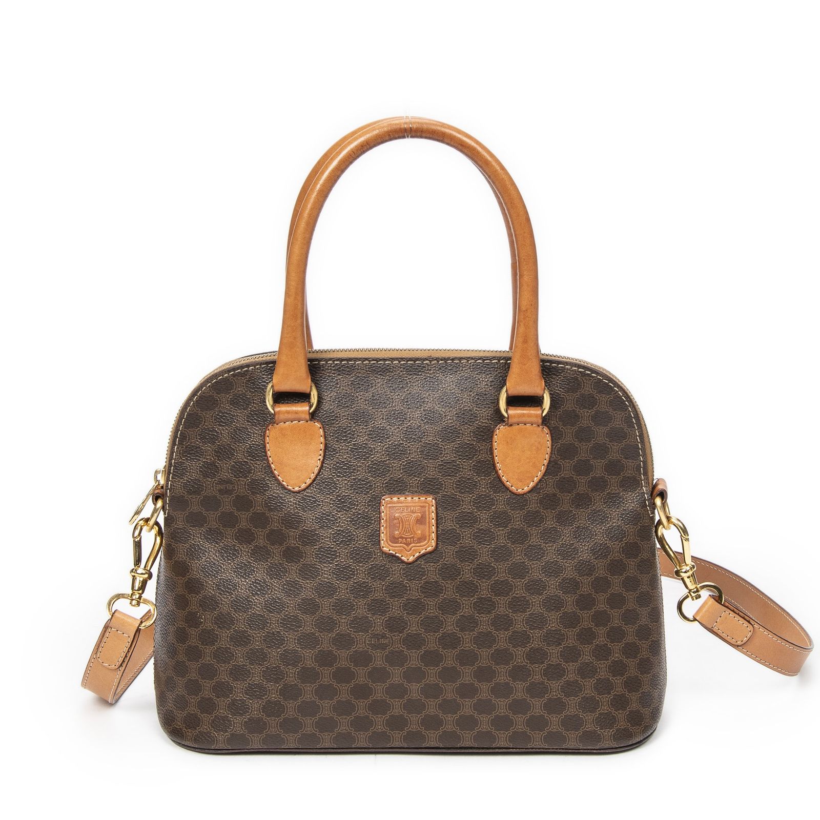 CELINE セリーヌヴィンテージドームトップハンドル茶色マカダムPVCキャンバスA