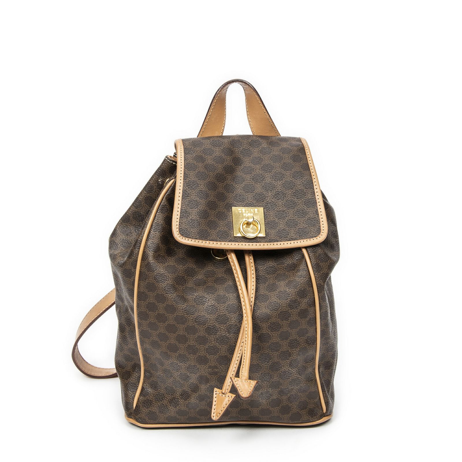 CELINE セリーヌ巾着フラップ バックパックブラウン ベージュマカダムPVCキャンバスA