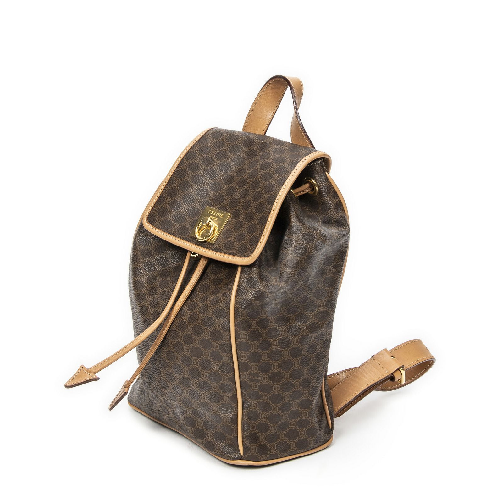 CELINE セリーヌ巾着フラップ バックパックブラウン ベージュマカダムPVCキャンバスA