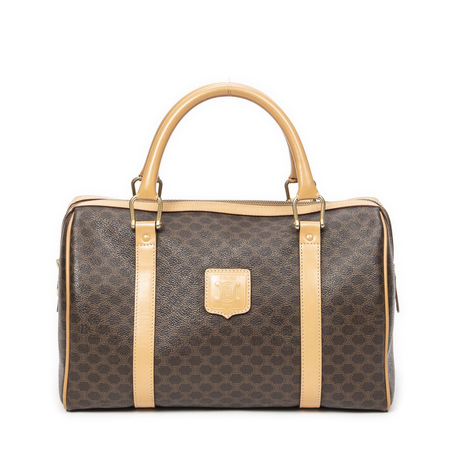 CELINE セリーヌヴィンテージ スモール ボストンベージュ ブラウンマカダムPVCキャンバスA