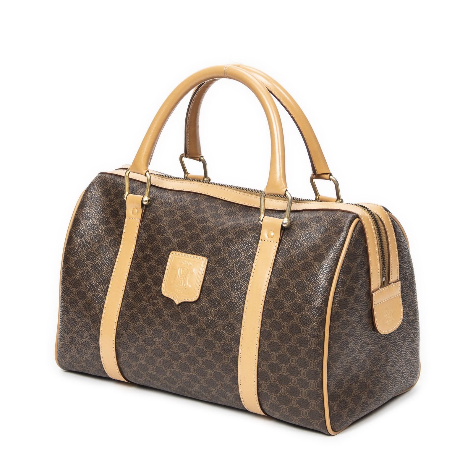 CELINE セリーヌヴィンテージ スモール ボストンベージュ ブラウンマカダムPVCキャンバスA