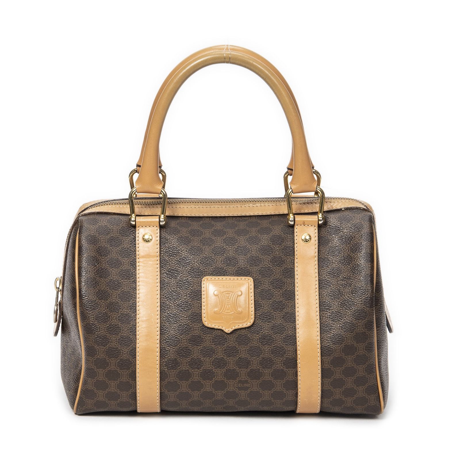 CELINE セリーヌヴィンテージミニボストンブラウン|ベージュマカダムPVCキャンバスAB