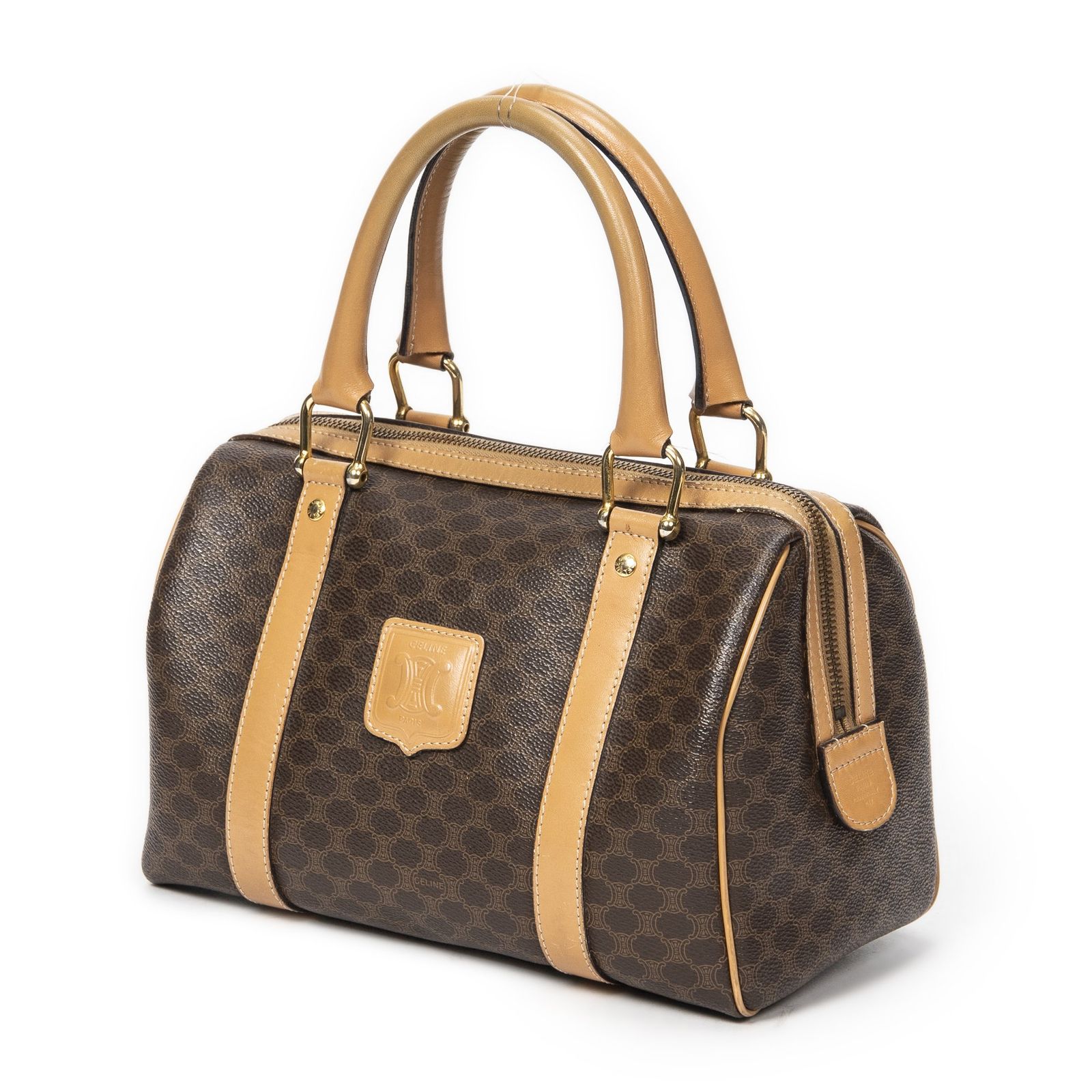 CELINE セリーヌヴィンテージミニボストンブラウン ベージュマカダムPVCキャンバスAB