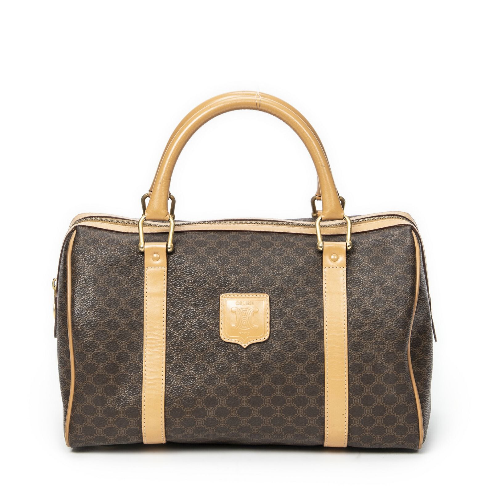 CELINE セリーヌヴィンテージ スモール ボストンブラウン|ベージュマカダムPVCキャンバスA