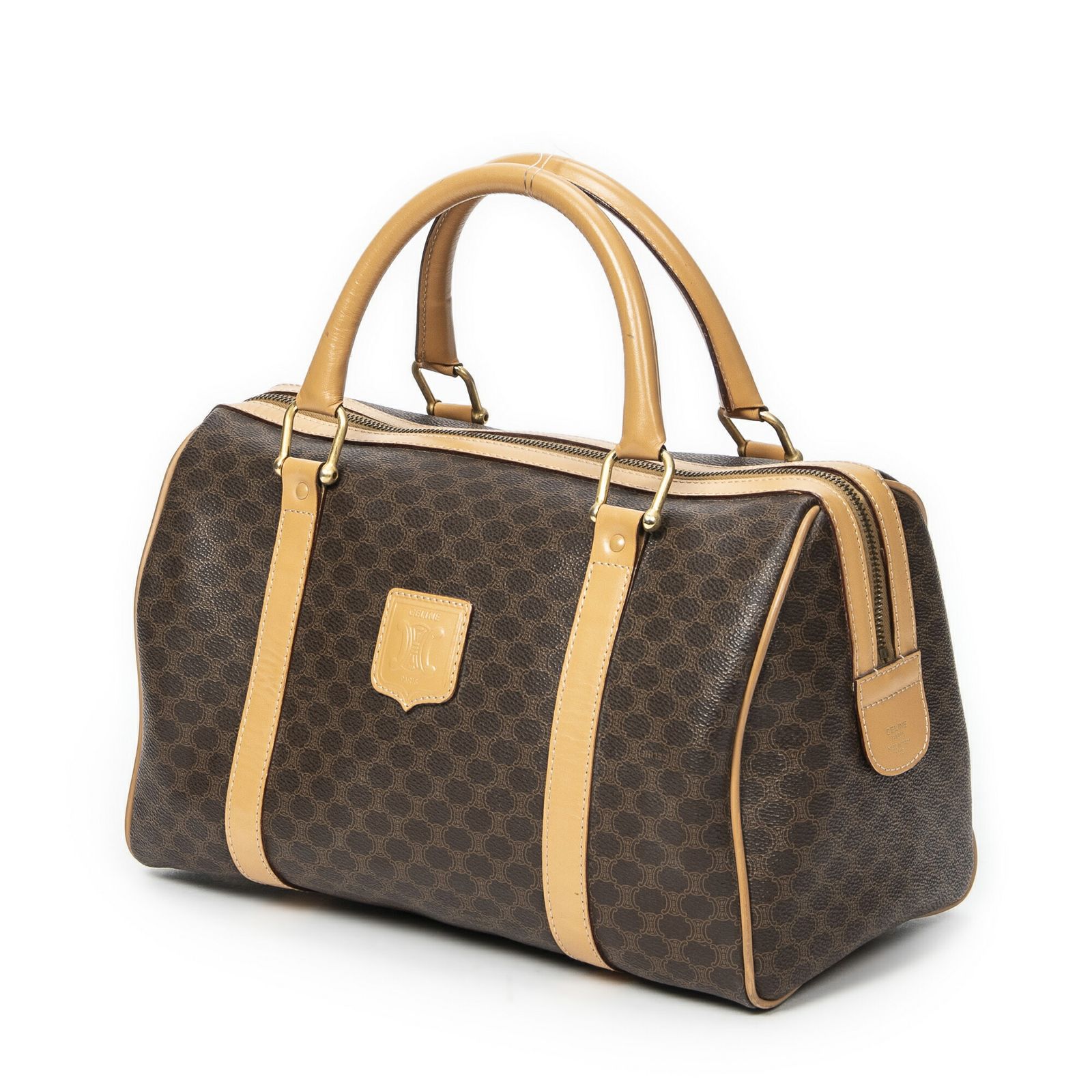 CELINE セリーヌヴィンテージ スモール ボストンブラウン ベージュマカダムPVCキャンバスA