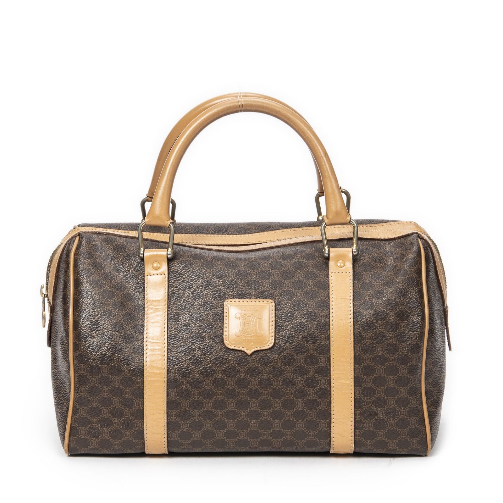 CELINE セリーヌヴィンテージ スモール ボストンブラウン ベージュマカダムPVCキャンバスAB