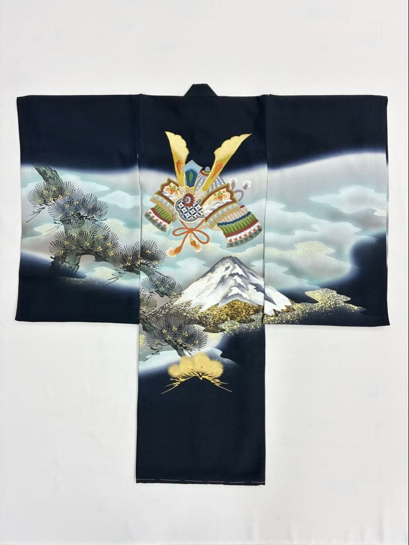 祝着 産着 一つ身 お宮参り 金彩 金駒 兜 刺繍 紺色 山 松 長襦袢 