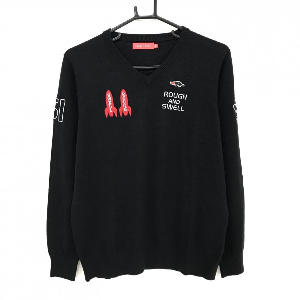 超 ラフアンドスウェル セーター 黒×白 Vネック ロケット刺しゅう ウール混 ニット レディース L ゴルフウェア rough＆swell