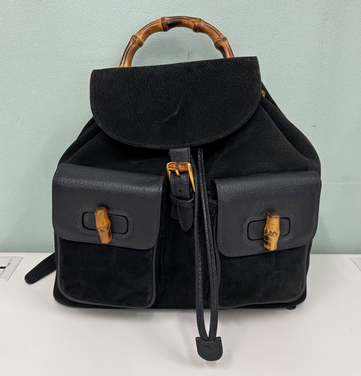 GUCCI】グッチ バンブー リュック 黒ゴールド金具 スウェード / レザー 