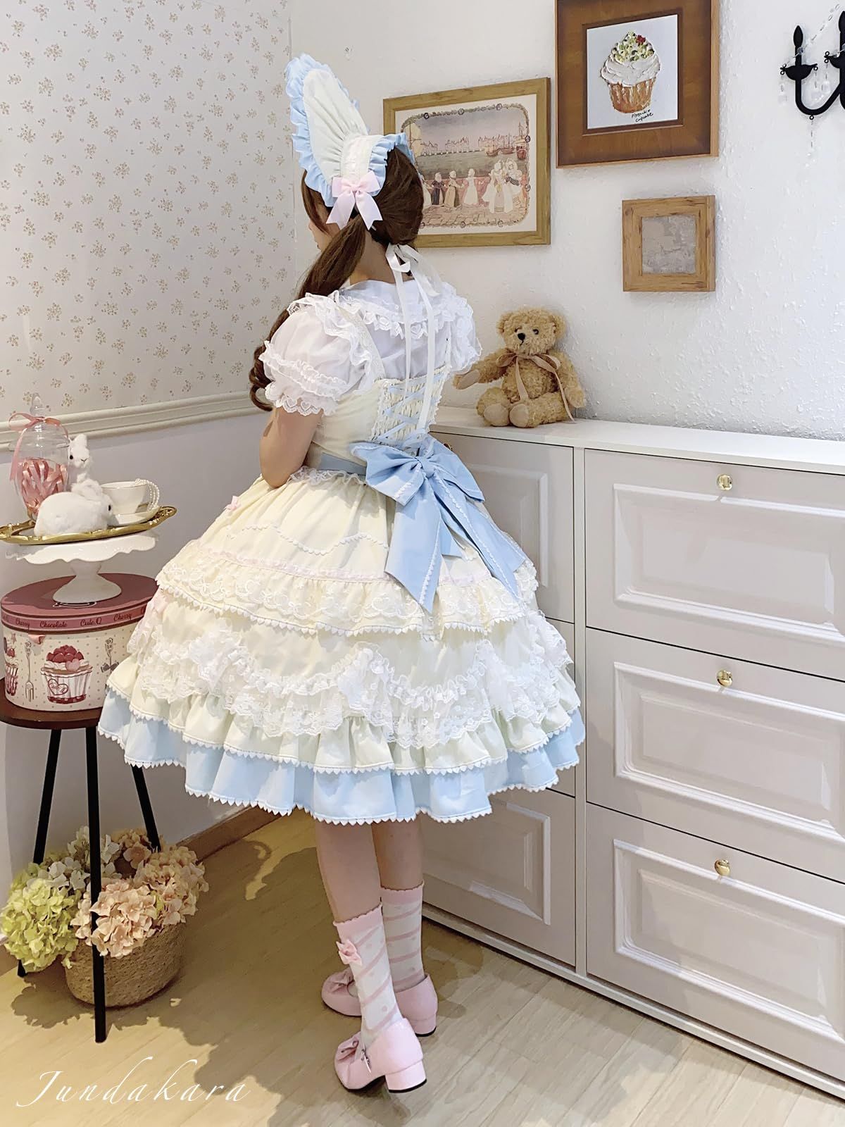 Jundakara ティアード JSK ジャンパースカート ロリータ バックリボン リボン フリル レースアップ 夢 ワンピース レディース Lolita ドレス ロリィタ コスチューム コスプレ 衣装 花嫁風 ファッション おしゃれ 春 夏