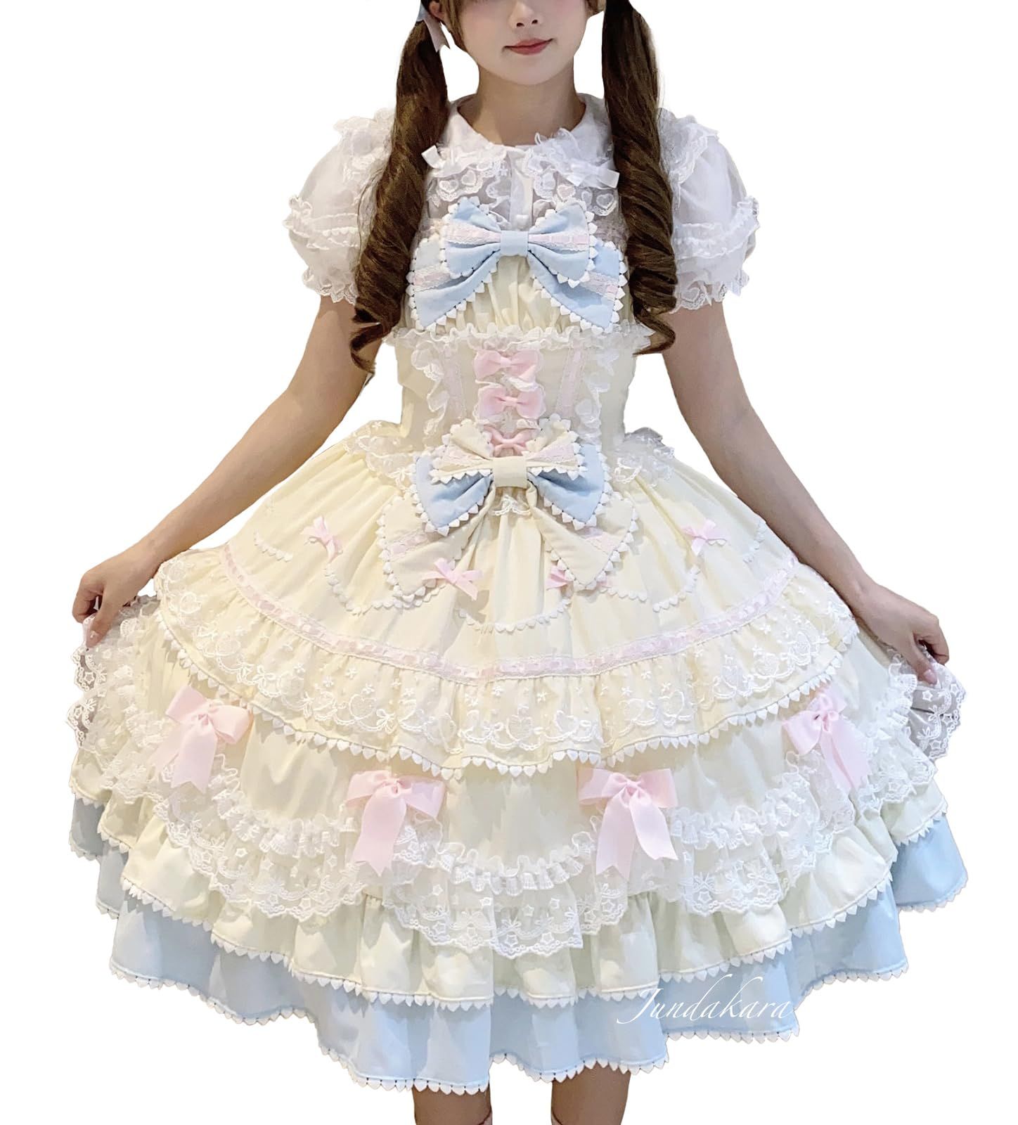Jundakara ティアード JSK ジャンパースカート ロリータ バックリボン リボン フリル レースアップ 夢可愛い ワンピース レディース Lolita ドレス ロリィタ コスチューム コスプレ 衣装 花嫁風 ファッション おしゃれ 春 夏