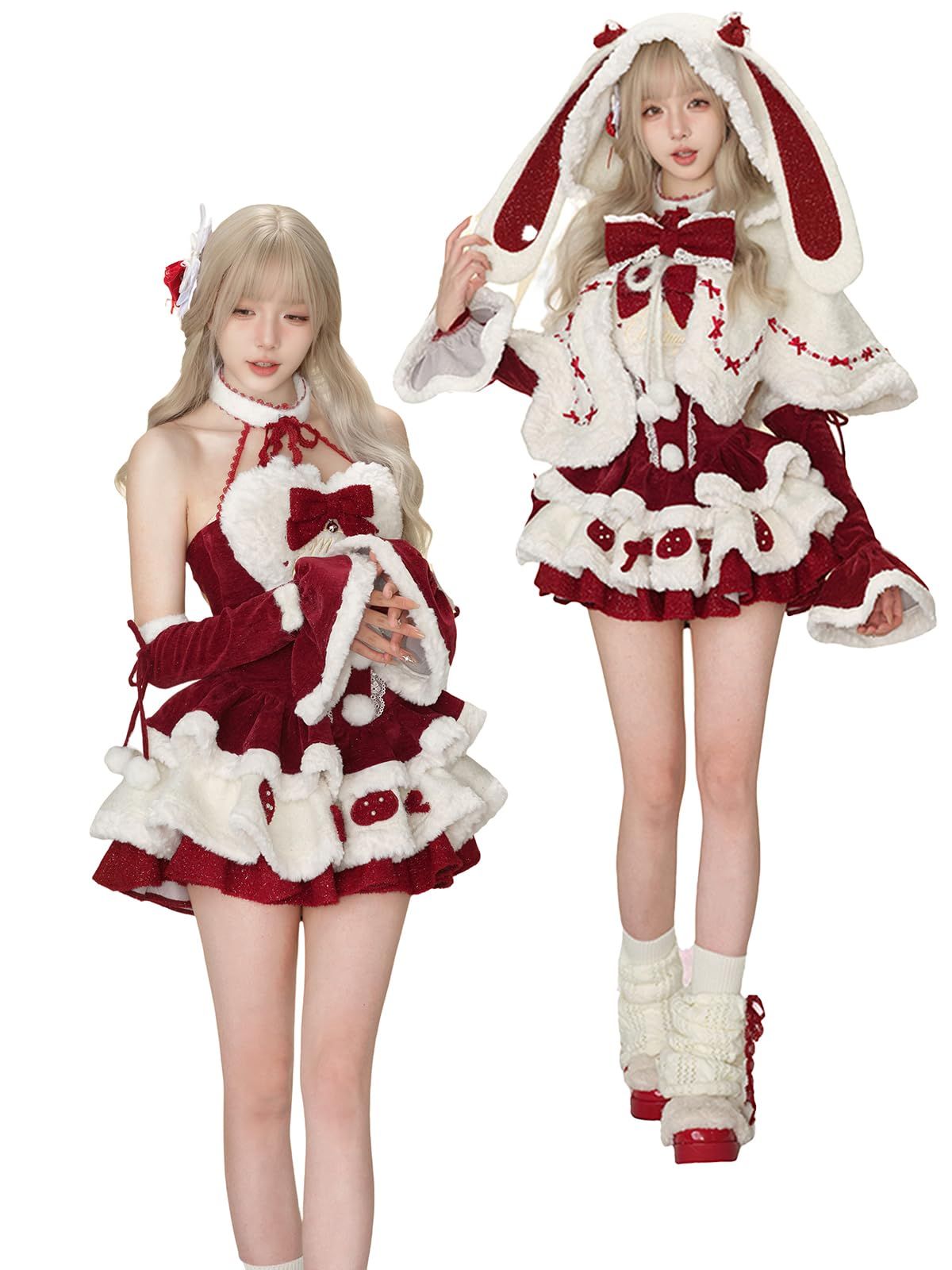 ＸＨＳＵＫＡＤＯ 3点セット サンダ うさ耳 レディース ベロア ワンピース コート マント 吊りスカート リボン イチゴ 地雷系 量産型 刺繍 セットアップ ティアード ガーリー系 ロリータ モコモコ 夢かわいい 厚手 女の子 少女 大人 春 秋