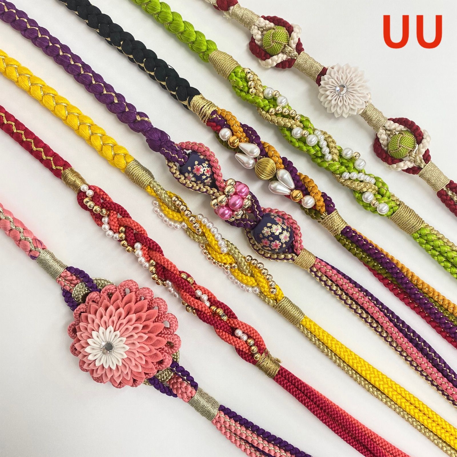 振袖用帯締め 飾り付き つまみ細工 7本おまとめ 正絹 UU