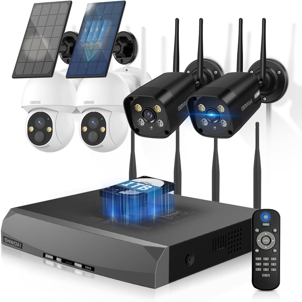 ソーラー給電 カラー暗視 双方向通話 防犯カメラ ワイヤレス 屋外 防犯カメラセット 4台 ワイヤレス防犯カメラ 無線 監視 夜間カラー 家庭用 屋外 wi-fiなし ohwoai セキュリティ 400万画素 4台セット バレット型 PTZドーム型 1TB内