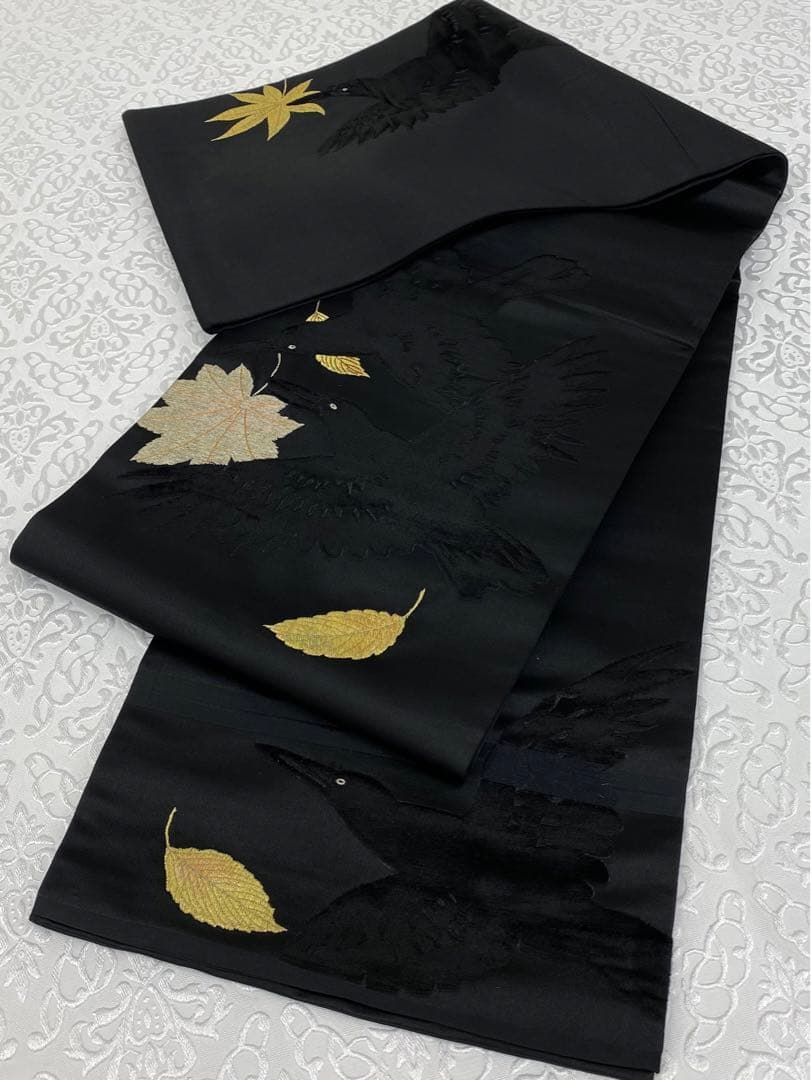 アンティーク カラス 天鵞絨 手刺繍 丸帯 金糸 銀糸 正絹 黒地