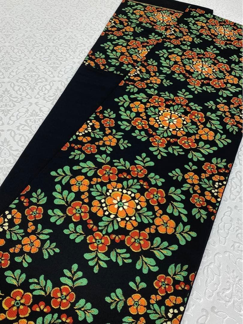 たつむら 龍村美術織物 本袋帯 未仕立て品 彩絵唐花文 正絹 六通 黒地