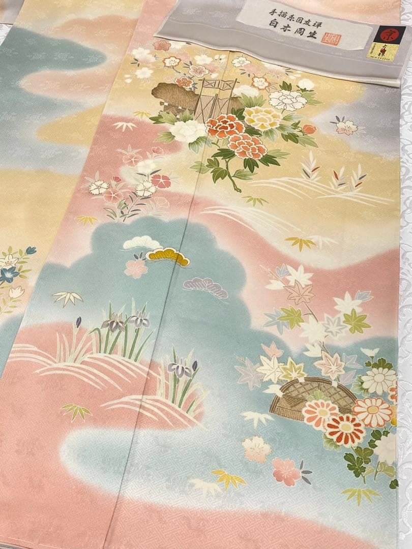 手描糸目友禅 京友禅 白木周生 落款入 訪問着 金彩 紋意匠 正絹 躾糸