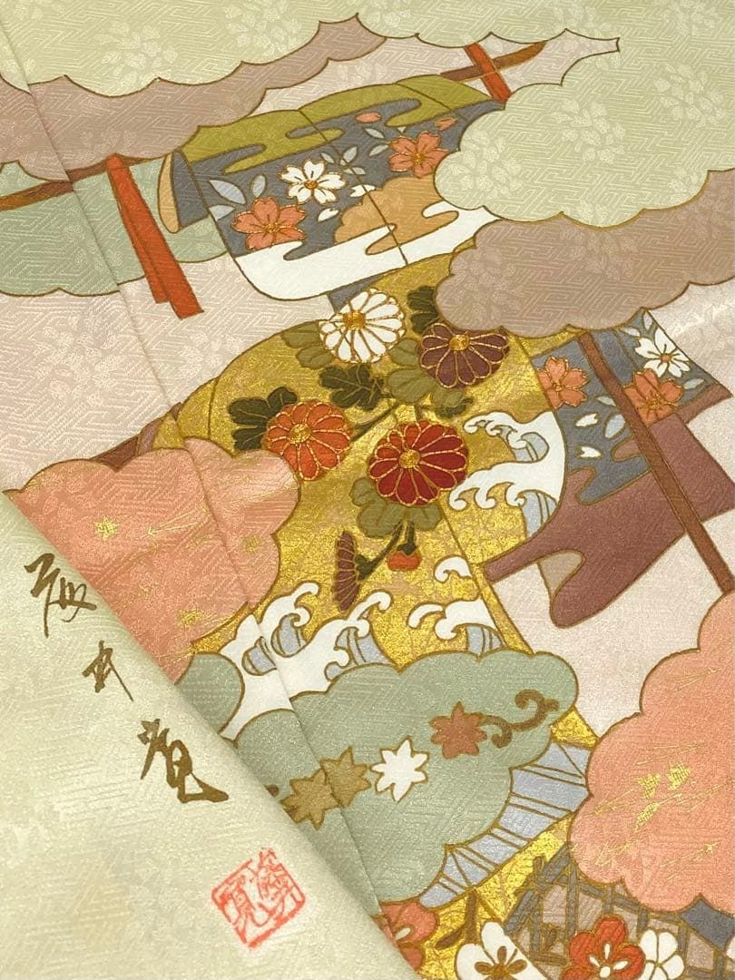 藤井寛 落款入 訪問着 仮絵羽 未仕立て品 金駒 金彩 紋意匠 誰が袖 