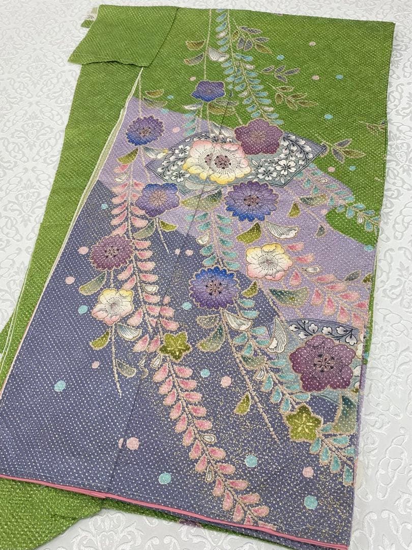 藤娘きぬたや 辻ヶ花 振袖 仮絵羽 未仕立て品 ふくれ織 金彩 八掛付き 
