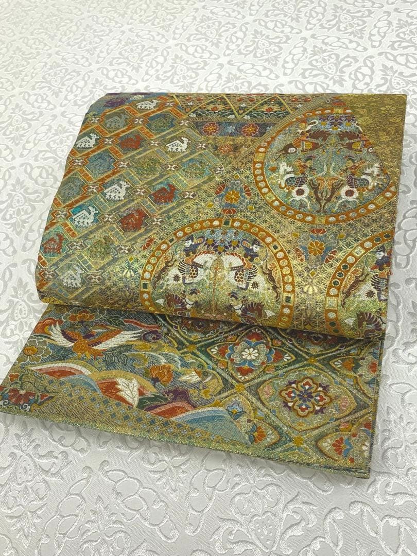 細密織 西陣織 袋帯 正倉院名物裂集成 狩猟文 動物 七宝繋ぎ 鳳凰 正絹 全通