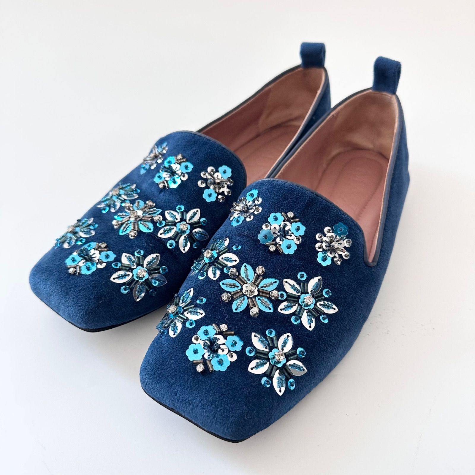 マックスアンドコー ビジュー刺しゅう ベルベット オペラシューズ ブルー サイズ36