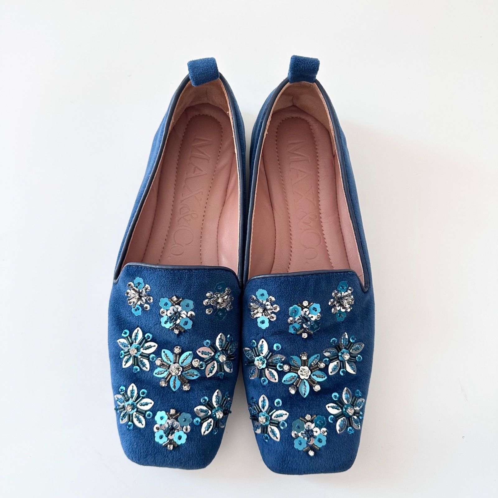 マックスアンドコー ビジュー刺しゅう ベルベット オペラシューズ ブルー サイズ36