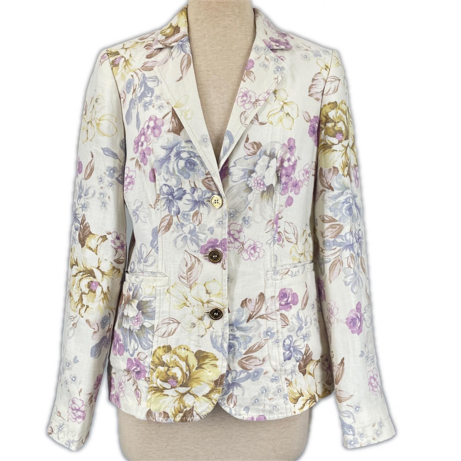 美品　エトロ　テーラードジャケット　ゴブラン織り　花柄　ETRO　イタリア製 極美品△ETRO エトロ リネン100％ ロゴボタン付き 花柄 フローラル