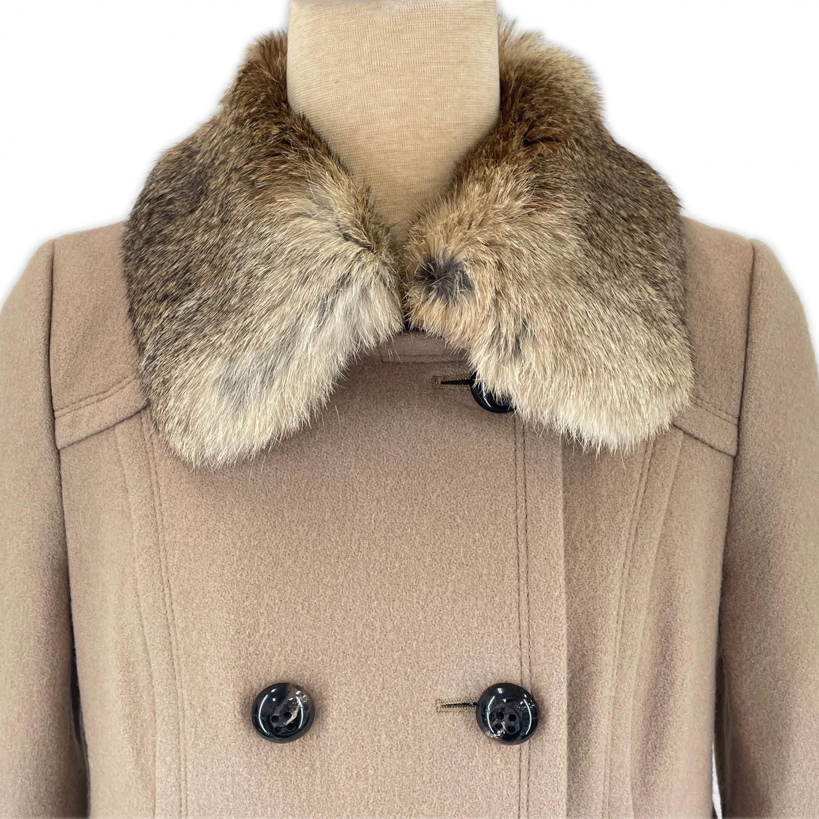 BURBERRY BLUE LABEL バーバリーブルーレーベル E1B04-491-40 襟ラビットファー 裏地ノバチェック ダブルブレスト コート ベージュ 38 レディース GULLKHAN_COM