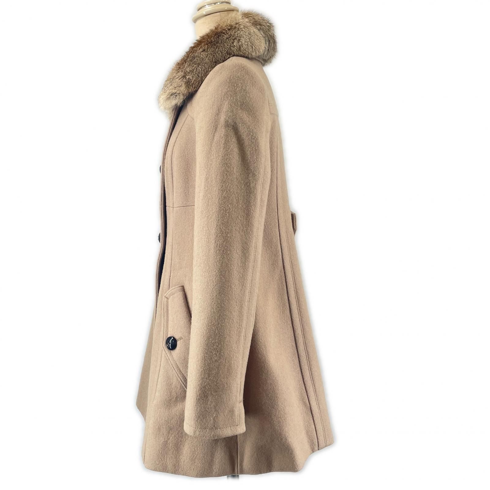 BURBERRY BLUE LABEL バーバリーブルーレーベル E1B04-491-40 襟ラビットファー 裏地ノバチェック ダブルブレスト コート ベージュ 38 レディース