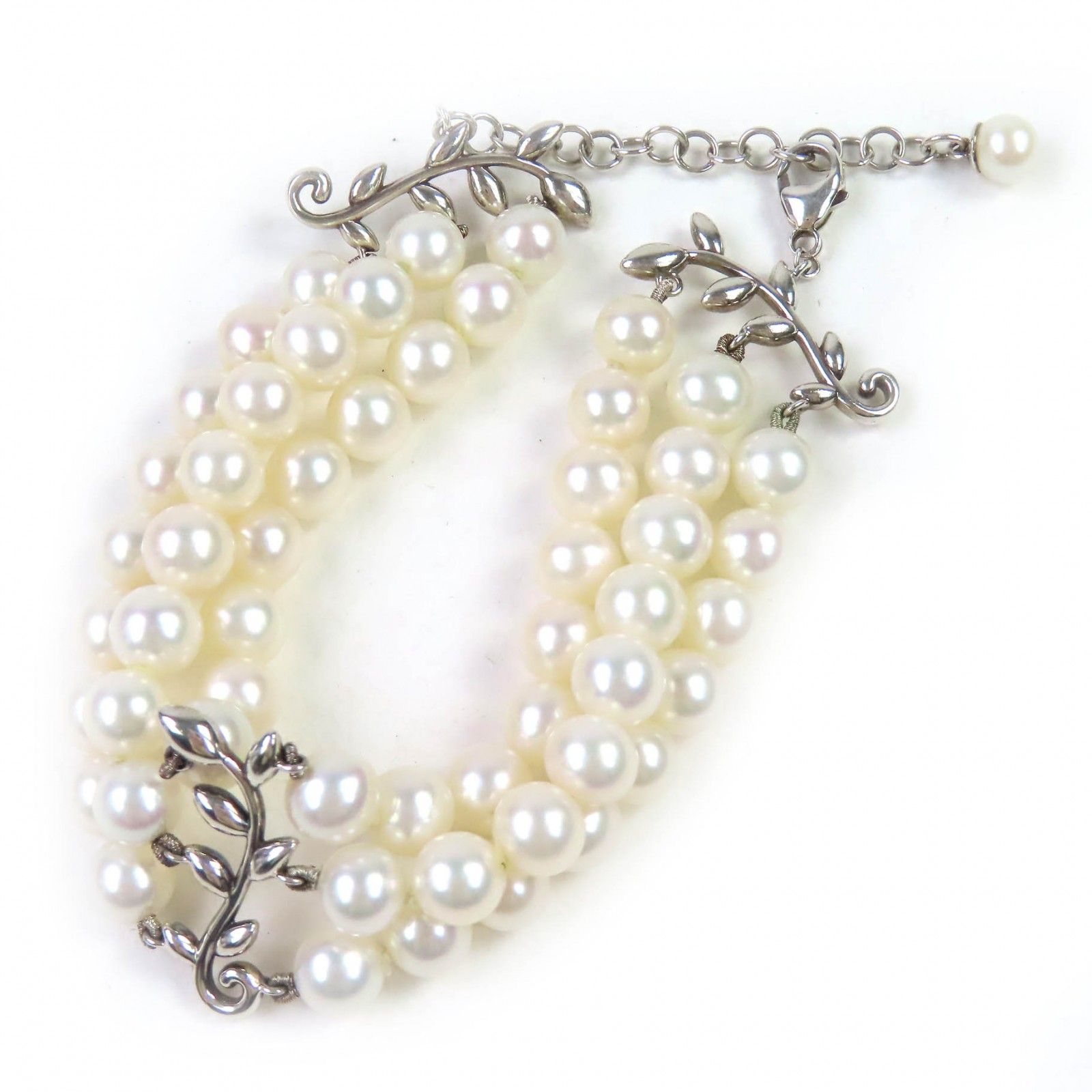 △TIFFANY-Co. ティファニー パロマピカソ パール SV925 オリーブリーフ 3連 ブレスレット ホワイト シルバー 重量36.1g レディース