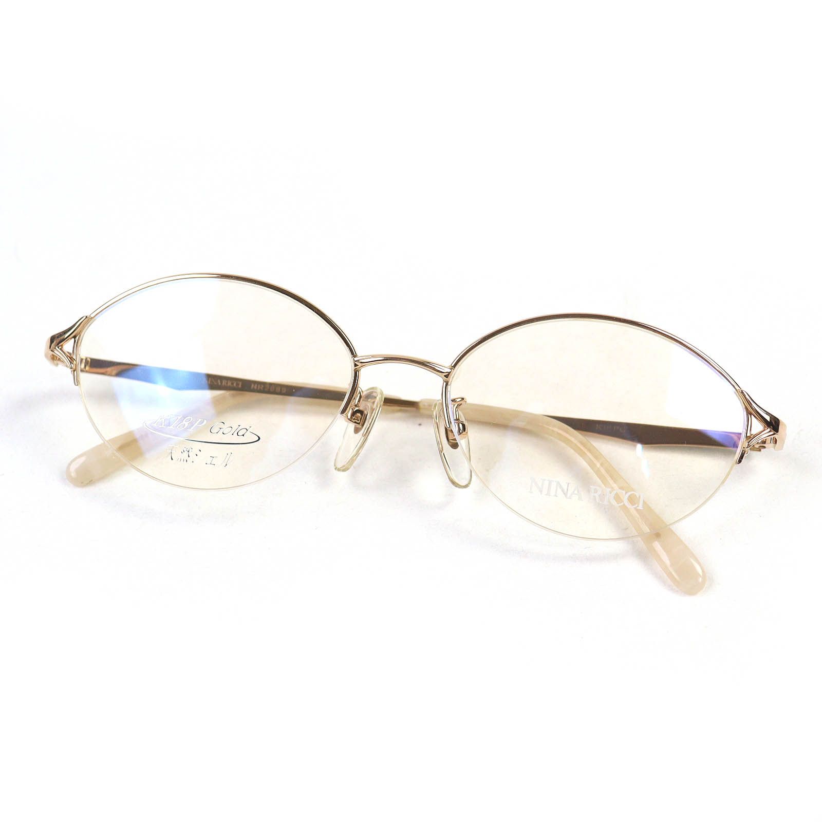 △NINA RICCI ニナリッチ NR2689 K18 ハーフリム 螺鈿細工 メガネ 眼鏡 アイウェア ピンクゴールド 52□17 135 デモレンズ 重量26.0g レディース