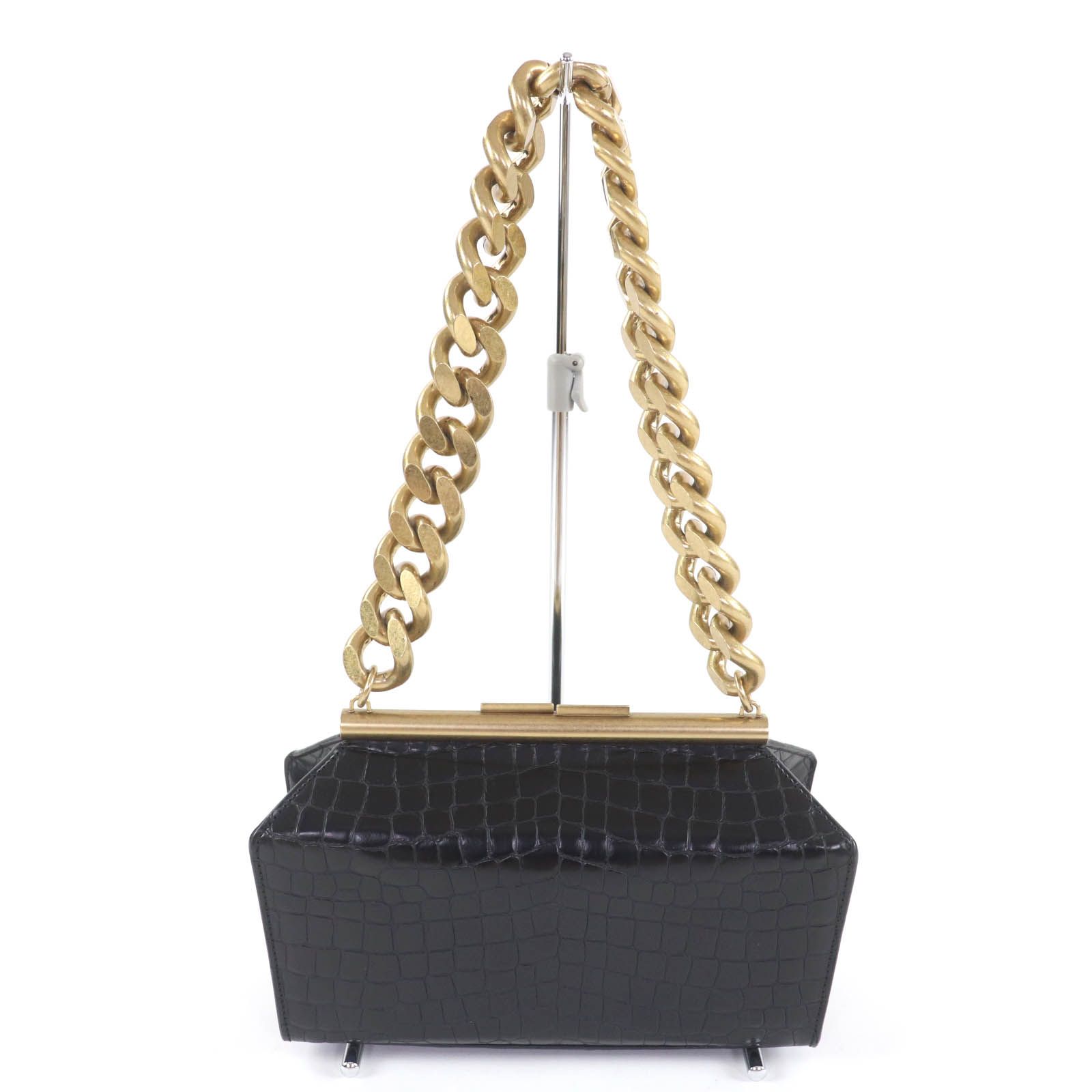 Stella McCartney ステラマッカートニー クロコダイル型押し エコレザー がま口 チェーン ショルダーバッグ ブラック 保存袋付き イタリア製 レディース DECORATOM_COM_BR