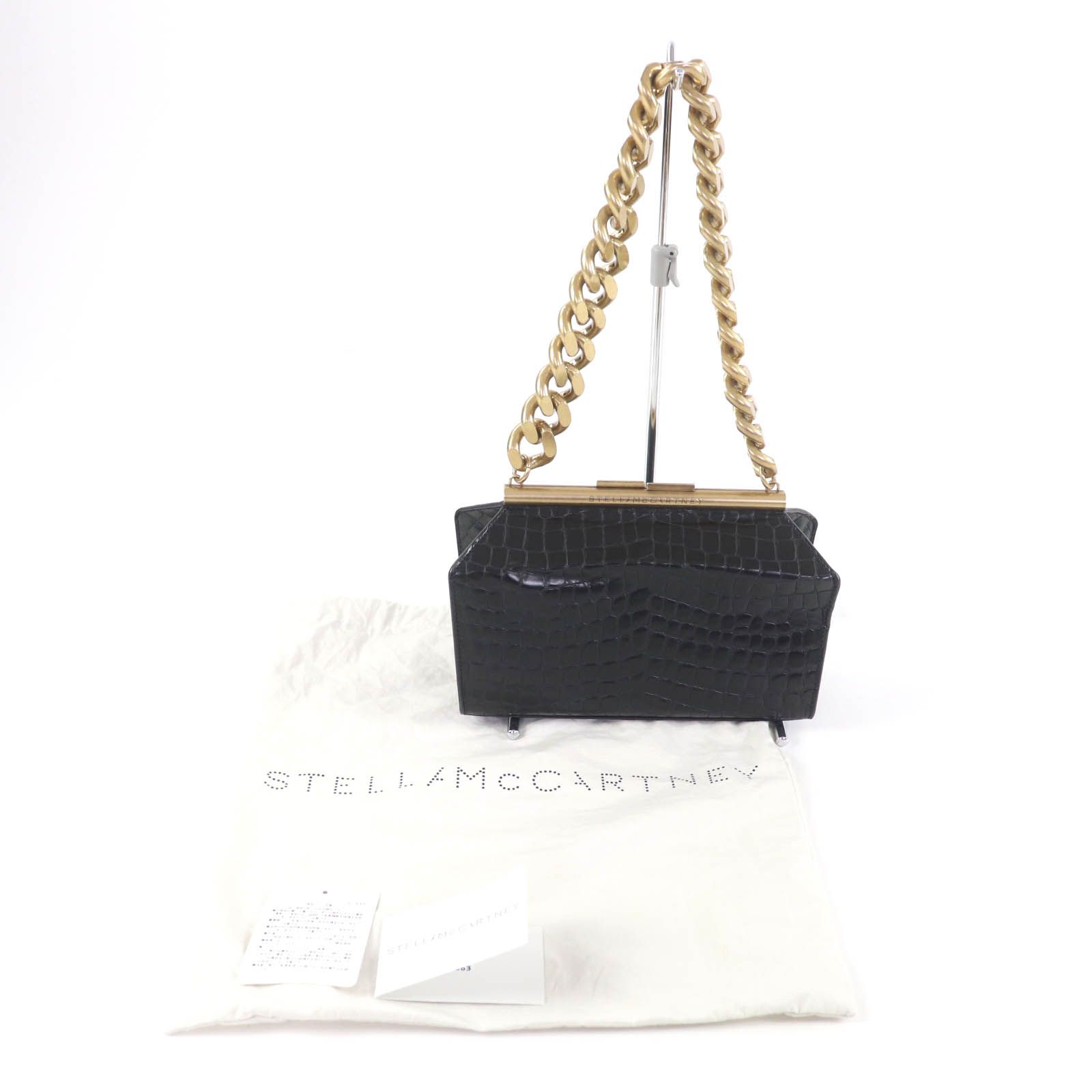 Stella McCartney ステラマッカートニー クロコダイル型押し エコレザー がま口 チェーン ショルダーバッグ ブラック 保存袋付き イタリア製 レディース