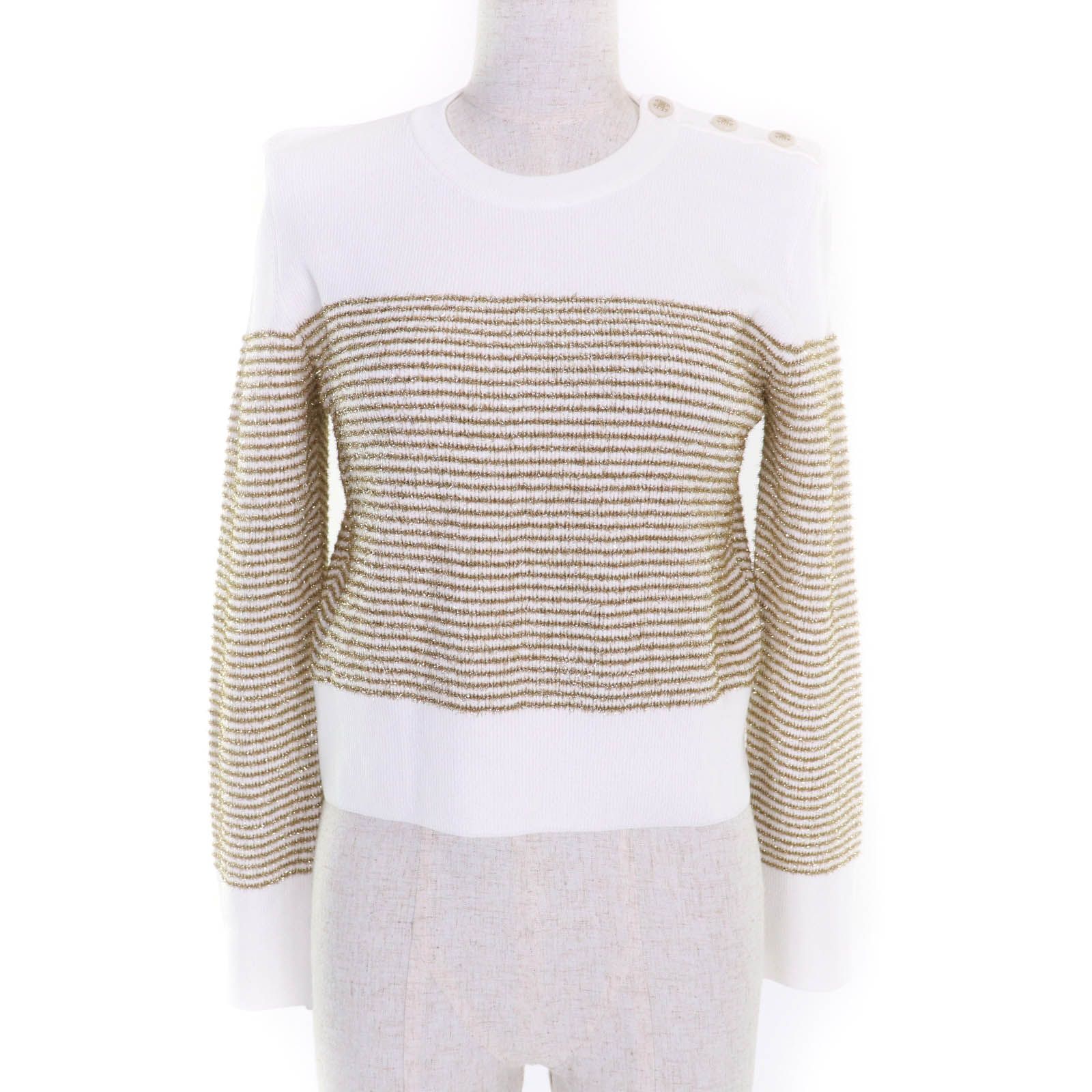 CHANEL シャネル P76887 ココマークボタン付 ラメ 長袖 プルオーバー ホワイト ゴールド 38 保存袋付き イタリア製 レディース