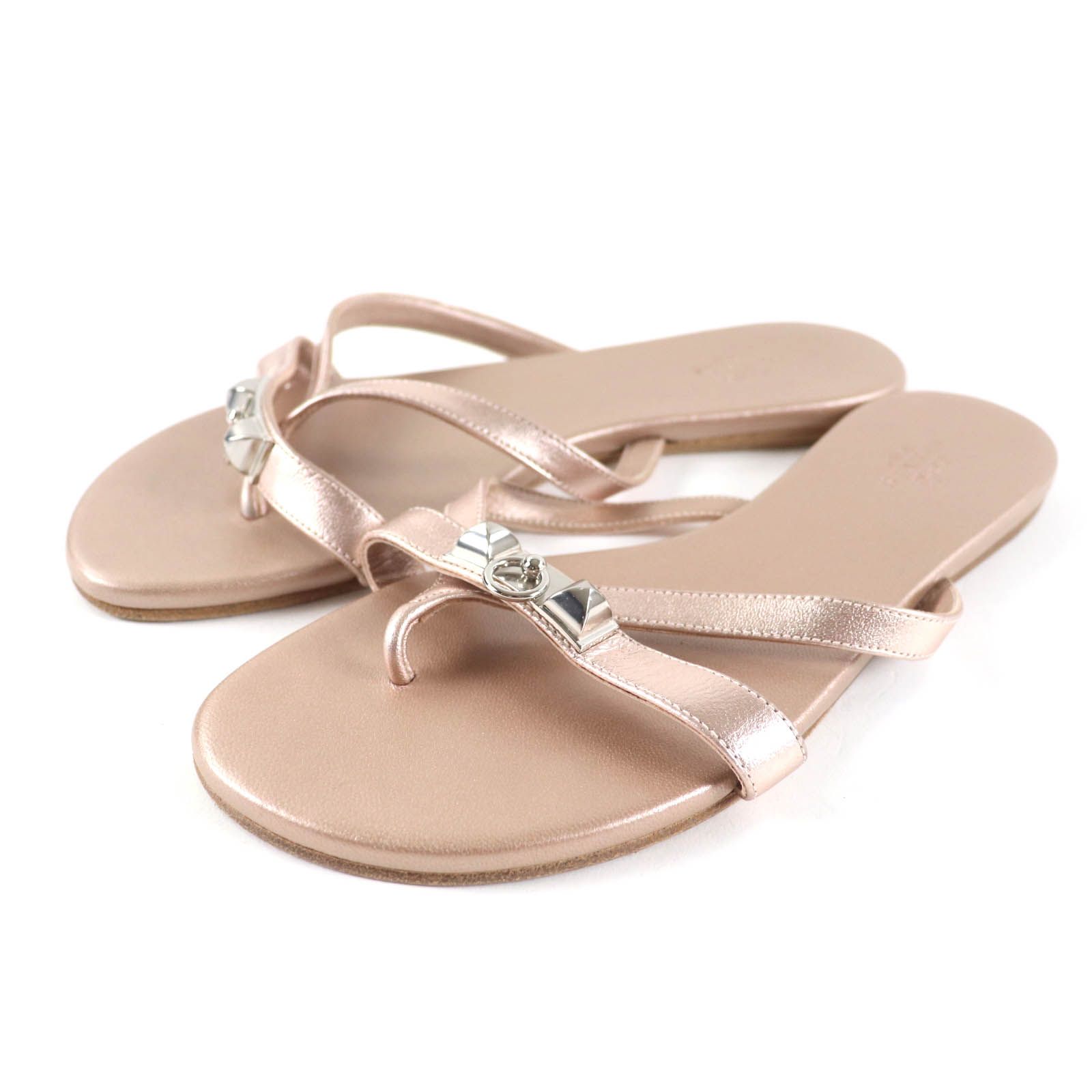 HERMES エルメス メドール レザー トングサンダル フラットサンダル メタルピンク 36.5 スペイン製 レディース