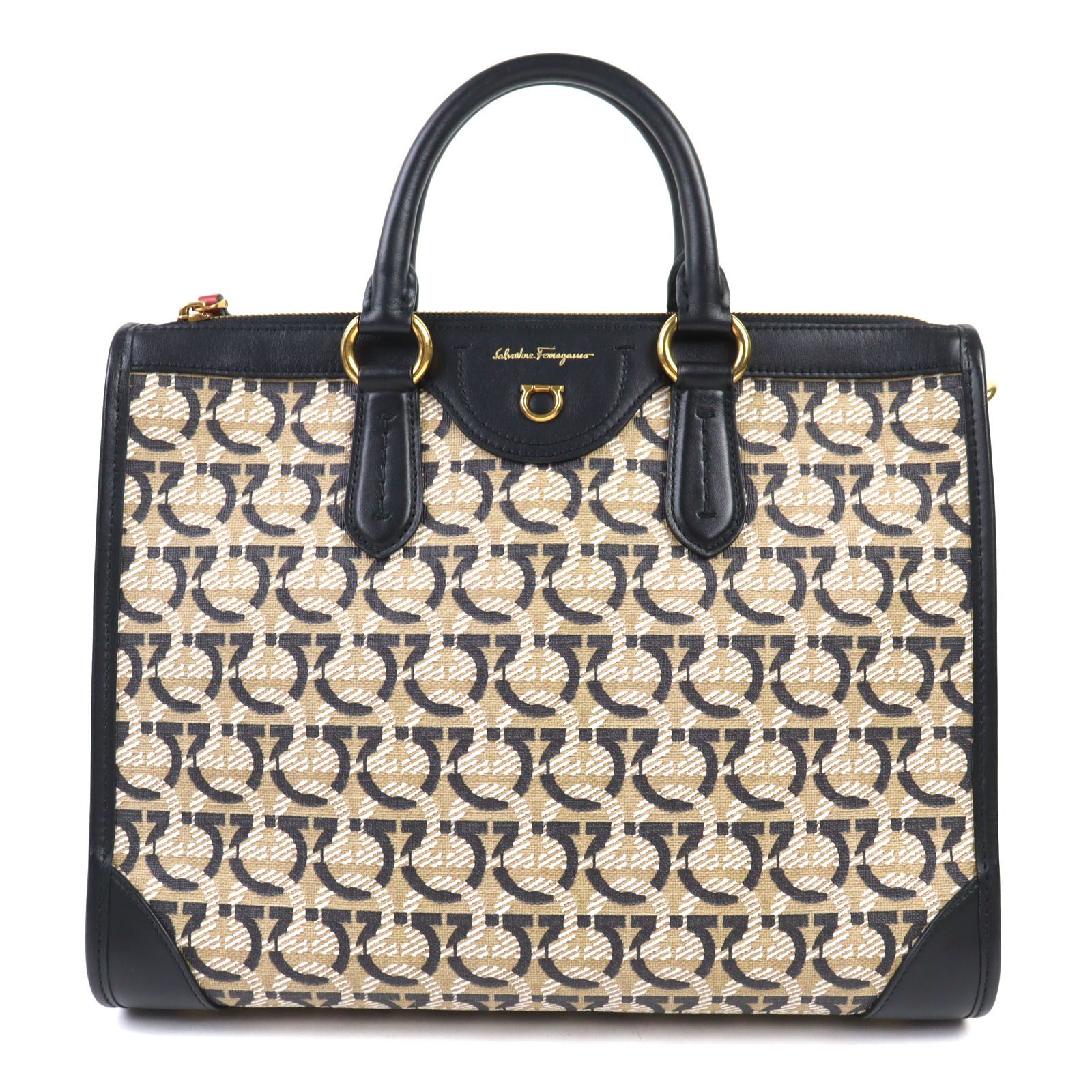 Salvatore Ferragamo サルヴァトーレフェラガモ レザー キャンバス ガンチーニ金具付き 2way ショルダー ハンドバッグ ブラック ベージュ ゴールド金具 イタリア製 レディース