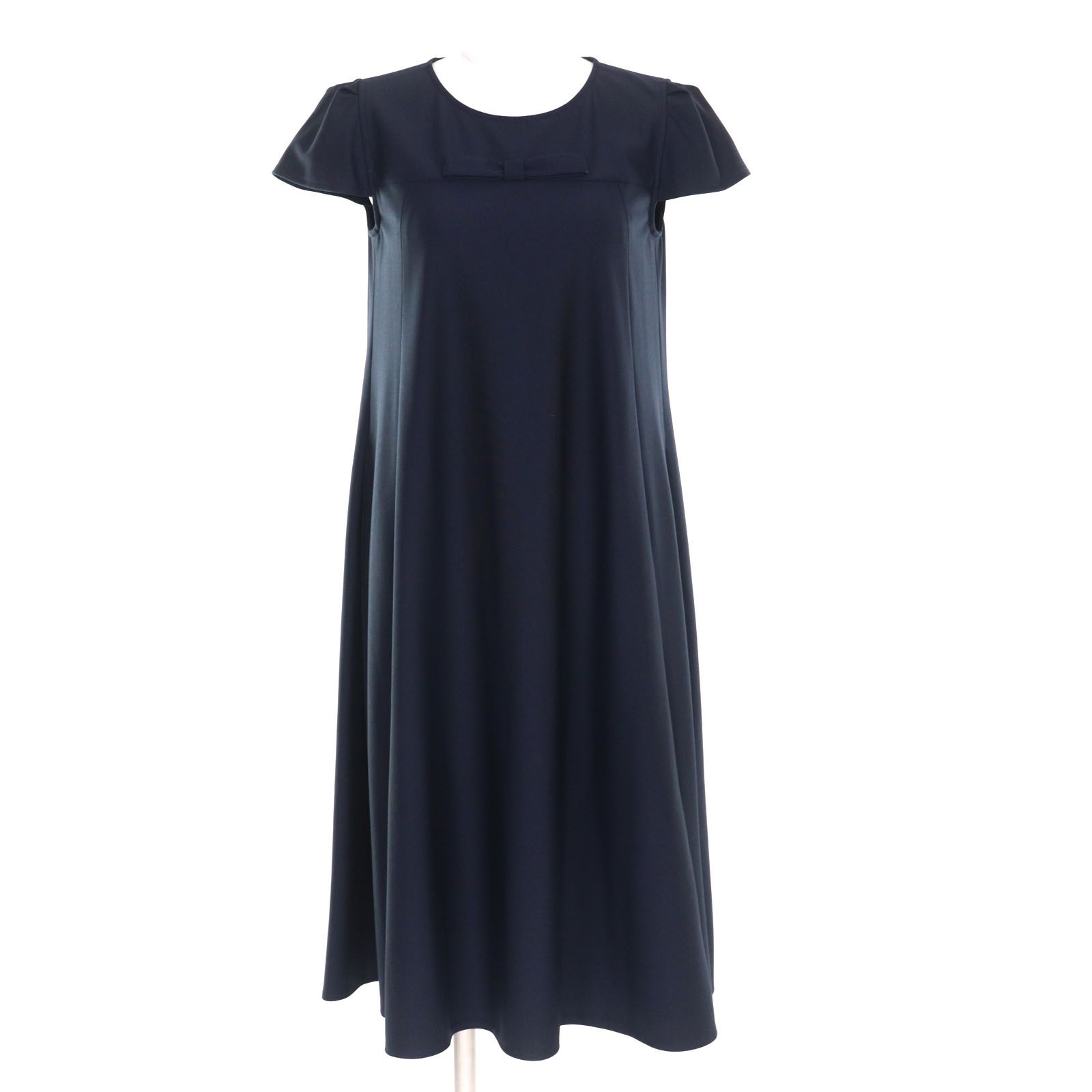 ♥品 Rene ルネ 5037260 フロントリボン付 フレンチスリーブ Aライン ストレッチ ワンピース ネイビー 34 日本製 正規品 レディース