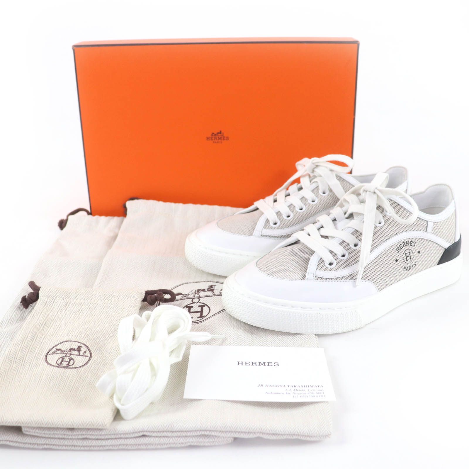 HERMES エルメス ゲット ファブリック レザー使い ローカットスニーカー ホワイト グレー 35.5 箱 保存袋付き イタリア製 レディース