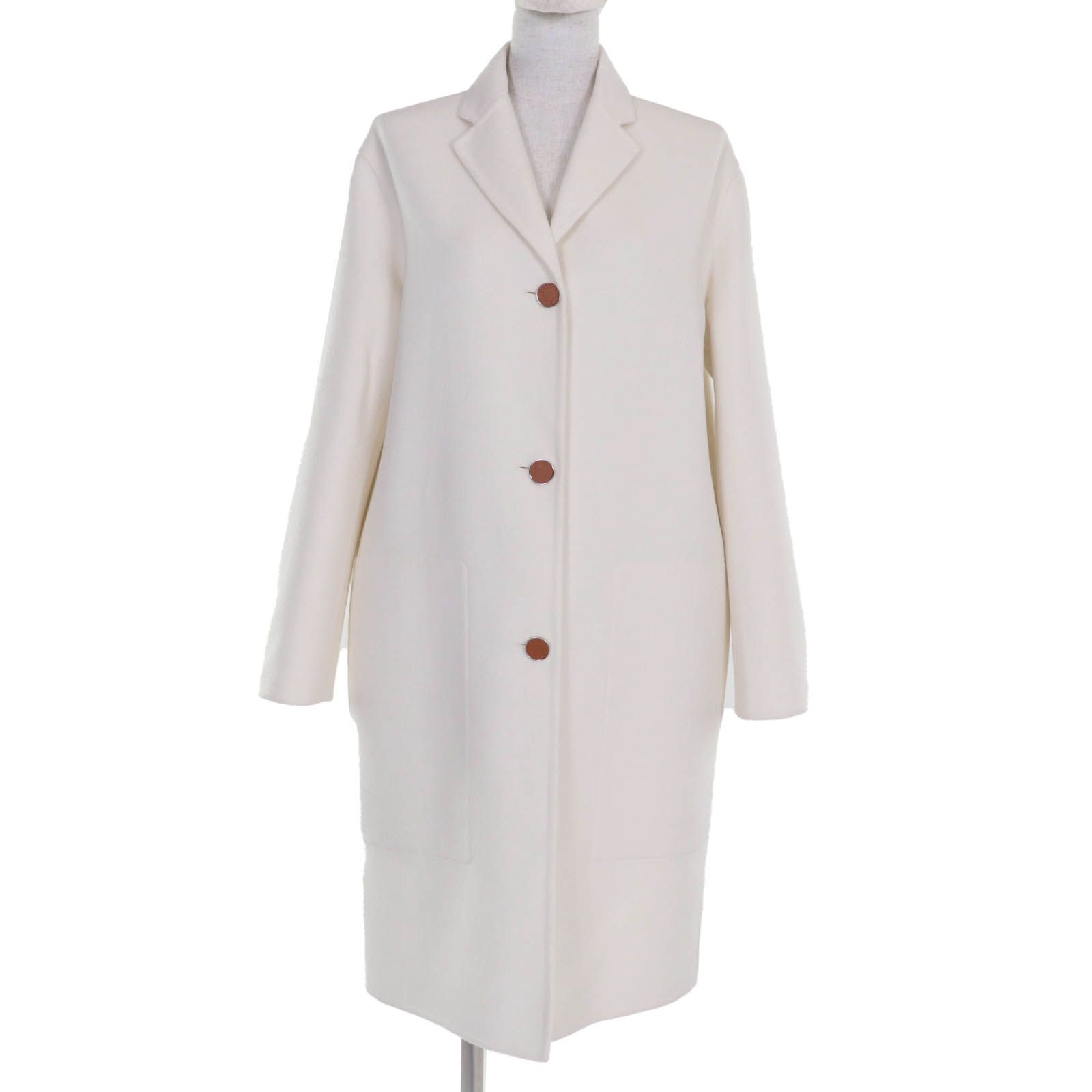 HERMES エルメス 23AW 3H0188DA カシミヤ100％ レザーセリエボタン ダブルフェイス ロングコート ホワイト 34 フランス製 レディース
