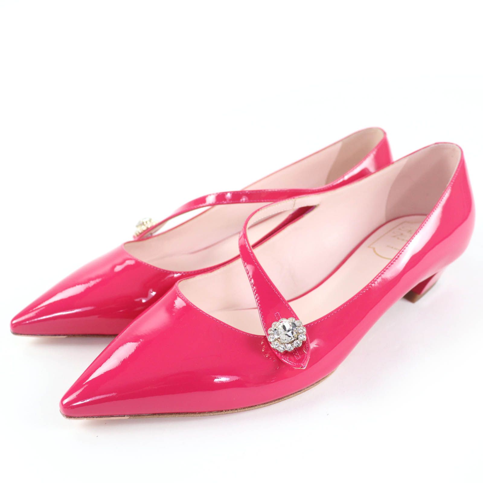 ♥品 ROGER VIVIER ロジェヴィヴィエ JEWEL BUTTON BALL25 パテントレザー ビジュー付 パンプス ピンク 38.5 箱 保存袋付き イタリア製 レディース