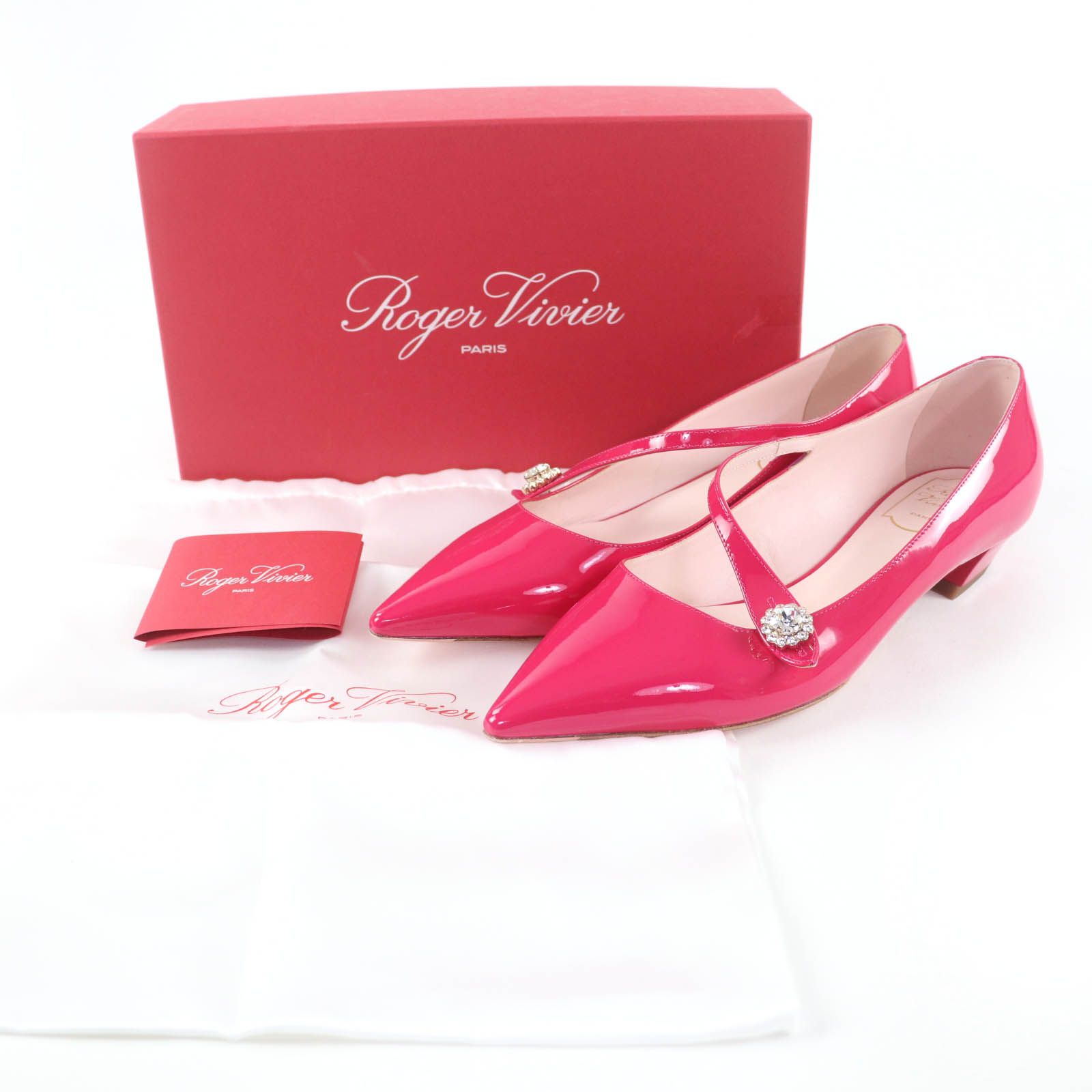 ♥品 ROGER VIVIER ロジェヴィヴィエ JEWEL BUTTON BALL25 パテントレザー ビジュー付 パンプス ピンク 38.5 箱 保存袋付き イタリア製 レディース