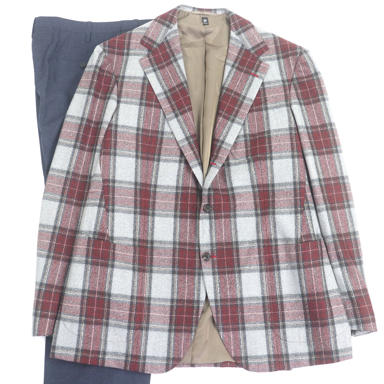 □Cicio チッチオ タータンチェック ビスポーク シングルスーツ 上下セットアップ グレー レッド ネイビー Lサイズ相当 ハンガー付き メンズ