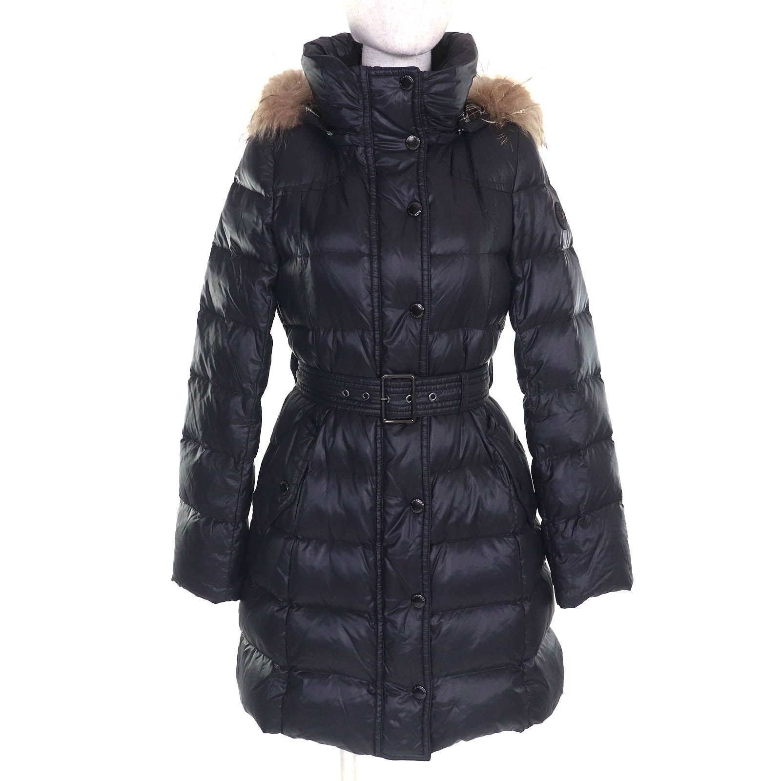 △BURBERRY BLUE LABEL バーバリーブルーレーベル 裏地チェック柄 ファー フード付き ダウンコート ブラック 38 正規品 レディース