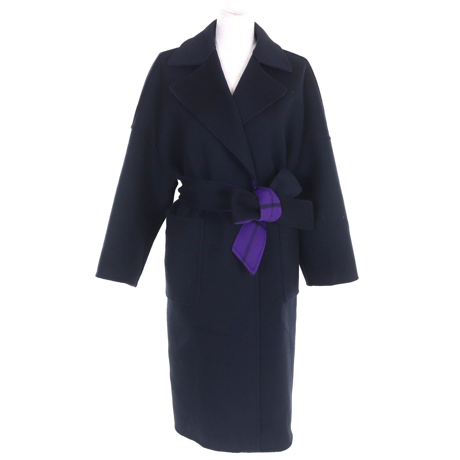 DRAWER ドゥロワー 6525-234-0697 ダブルフェイス リバーチェックコート ウール100％ ベルト付き コート パープル ブラック 36 レディース 定価187 000円