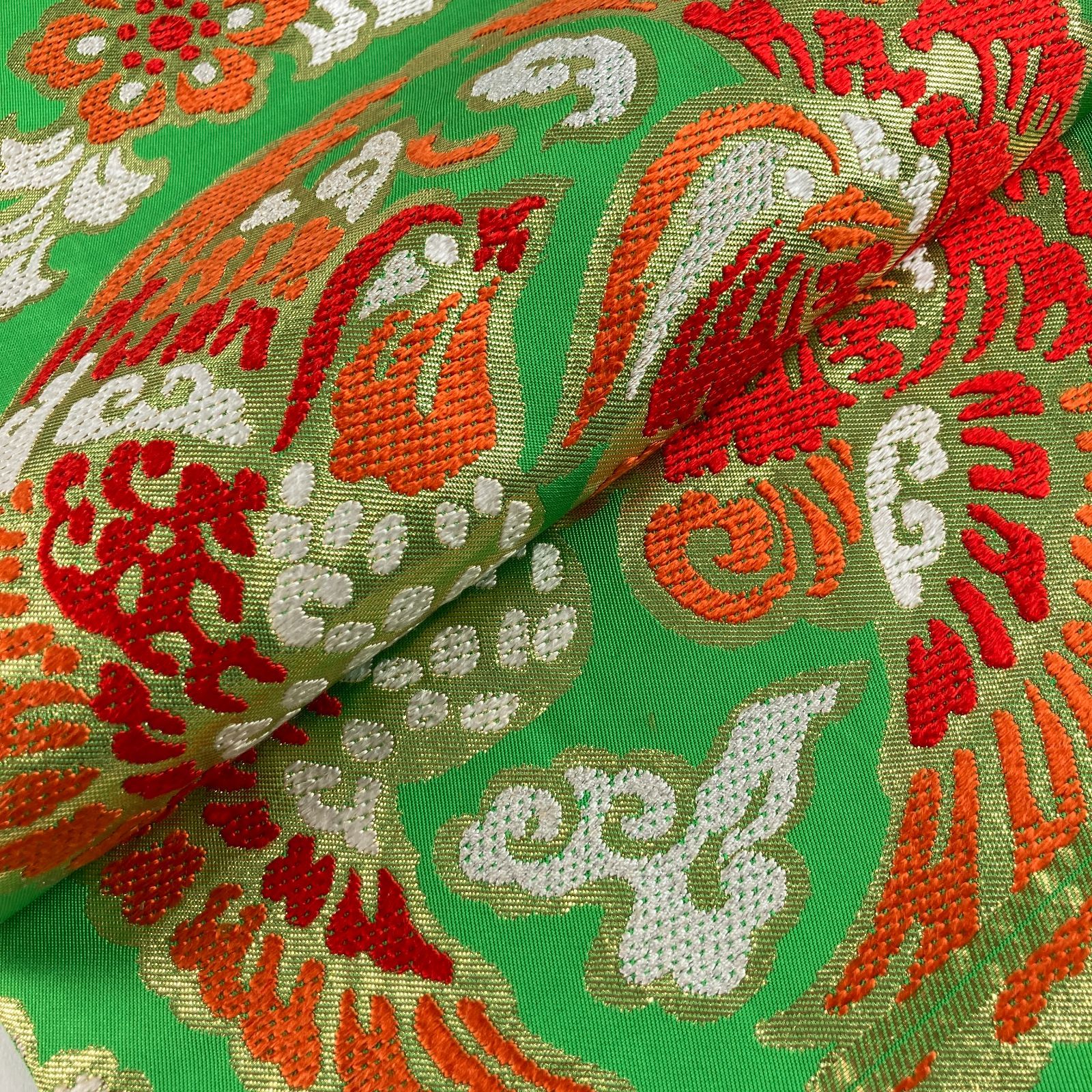 たんす屋 リユース帯 帯 袋帯 黄緑 セミフォーマル フォーマル 織り 向かい鳥文 絹 本袋六通 未洗い MS6326