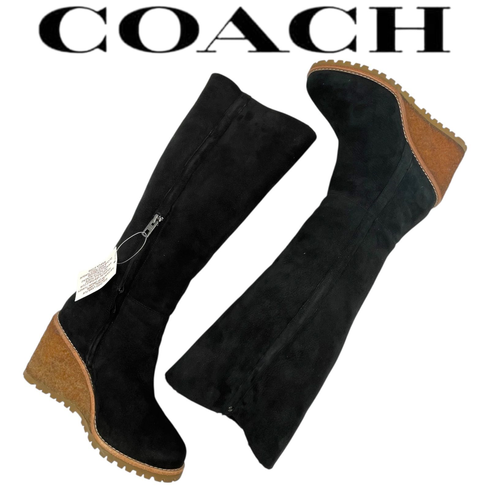 COACH コーチ ロングブーツ ムートン ボア チャック ブラック ウェッジソール Q6456 37 23cm