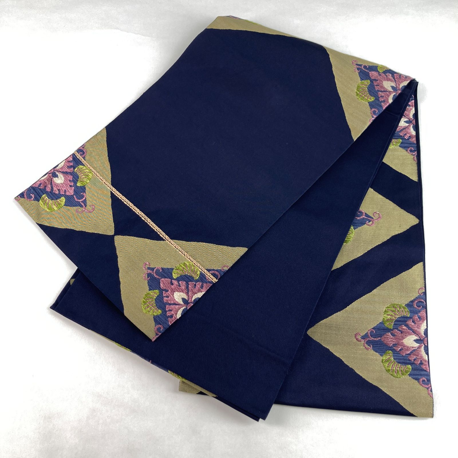 たんす屋 リユース帯 帯 袋帯 紺 カジュアル 織り 幸い菱 絹 六通 未