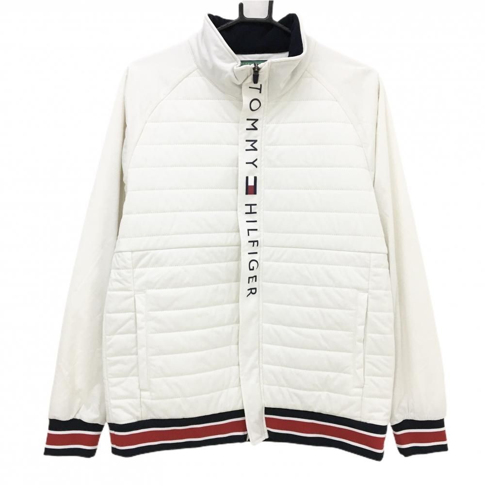 超 トミーヒルフィガー 中綿ジャケット 白×ネイビー×レッド 前ロゴ メンズ L ゴルフウェア Tommy Hilfiger Golf
